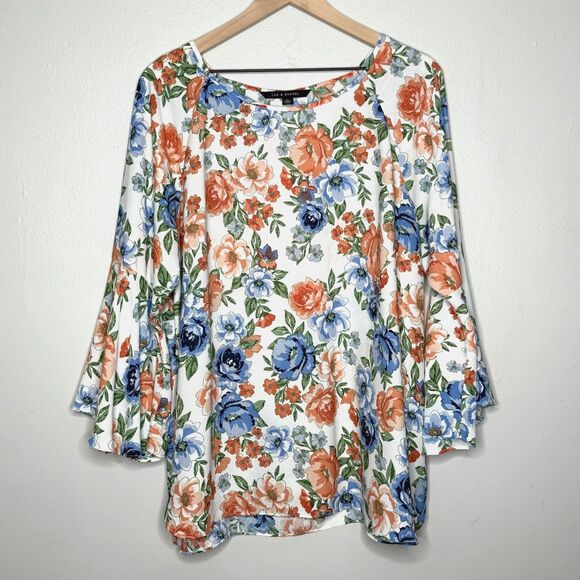 Zac & Rachel Womens Blouse XL Orange Blue Floral‎ Spring Flowy Office - Picture 1 of 7